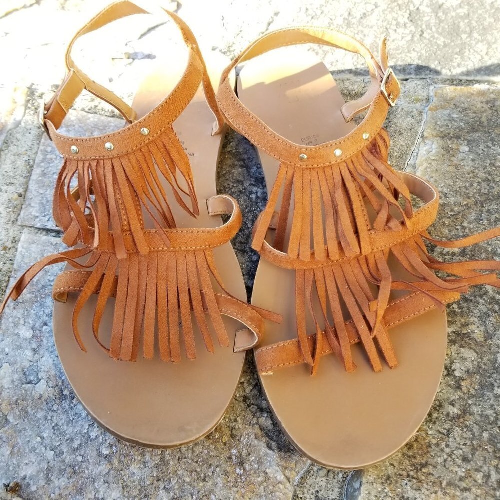 H&M Boho Fringe Studded Flat Sandals Size 7